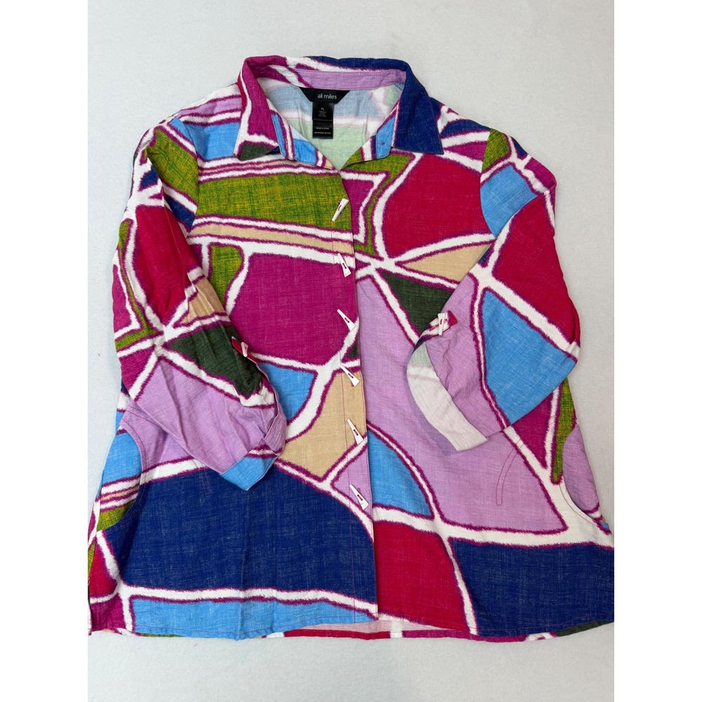 Ali Miles Womens PL Petite Large Multicolor Geometric Abstract Button Up Top